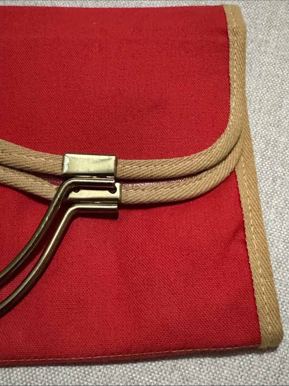 Vintage Envelope Style Clutch/Handbag-Red Cloth-Gold Tone Handles-Fold Over/Snap - Picture 5 of 17